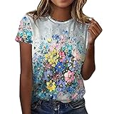 Tops Damen Kurzarm T-Shirt Oberteile Elegant Sommer Bluse Blumendruck Tee Casual Hemdbluse Tunika Sport Fitness Sweatshirt Pullover Freizeitkleidung (C-Hellblau, L)