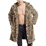 Celucke Mantel Herren Lang Pelzmantel Leopard Muster Kunst Felljacke, Winterjacke Männer Parka Kunstpelz Lange Jacke Faux F