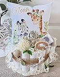 Windeltorte mit Name - Kuschelkissen Giraffe Zebra I Schnullerkette & Greifling - Geschenk, Babyparty, Geburt oder Taufe + auf Wunsch, gratis Grußk