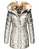 MARIKOO Damen Winter Jacke Stepp Parka Mantel Kunstfell warm gefüttert Nekoo XS-XXL (M, Silber in Lang)