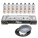 Mianova Campingkocher Outdoor Doppel Gaskocher BBQ Anzünder Grill Gaskartuschen Gas Camping Kocher Herd 2 flammig Set Grillplatte Schwarz Koffer 8 Gasflaschen Grillp