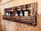 Weinregal aus recycelter Palette für 8 Weinflaschen und 6 Weingläser, Palettenmöbel Geflammt Flaschenregal Wandbar Rustikal Glashalter Hausb