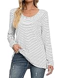 T-Shirt Damen Langarmshirt Rundhals Tops Casual Bluse Lange Ärmel Pullover Shirts Baumwolle Streifen,Weiße-Streifen,XXL