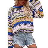 Bellelhot Frauen Regenbogen Pullover Bluse Elegant Loose Volltonfarbe Vlies Strick Lang Tops Kleid Winter Bequem Jersey Hohle Pulli Oberteile T-Shirt Freizeit Damen Langarm Rundhals Shirt Jacken T