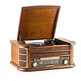 SHUMAN 7 IN 1 Holz Musikanlage,Plattenspieler , CD-Player ,MP3- Player, Kabellos,USBPort,FM Radio-Tuner, Kassettenspieler,Cinch-Ausgang ,Mit Fernbedienung (MC250BT)