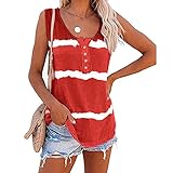 Damen Sommer Tank Tops V-Ausschnitt/Rundhals Ärmellos Tshirt mit Knopfleiste Lose Trägershirt Oberteile Gestreift Sommerweste Blusen Lässig Breite Träger Tanks Pullover Locker C