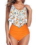 Tempt Me Bikini-Badeanzug für Damen, gerüschtes Volant-Top mit hoher Taille, gerüschter Unterteil, Zweiteiliger Badeanzug, Orange Floral, X-Larg