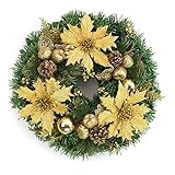 DANSHEN 40cm Weihnachtskranz, Künstlicher Türkranz, Weihnachtsgirlande mit Weihnachtskugeln Weihnachtsblumen Beeren und Tannenzapfen für Haustür, Kamin und Wanddek