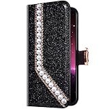 Uposao Kompatibel mit Samsung Galaxy J5 2016 Hülle Glänzend Glitzer Bling Perle Strass Diamant Klapphülle Flip Case Leder Schutzhülle Handyhülle Wallet Tasche Kartenfächer Magnet,Schw