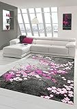 Designer Teppich Moderner Teppich Wohnzimmer Teppich Blumenmuster Grau Lila Pink Weiss Rosa Größe 80x150