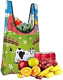 GIERTER Einkaufstasche mit Cartoon-Farm mit Kuh, Fuchs, Huhn, Schwein, Pferd in den Zäunen, ländliches Kinder-Design, mehrfarbig, wiederverwendbar, faltbar, umw