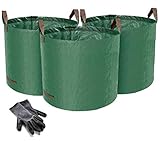 Norjews 3er Set Gartensack, 120L Gartenabfallsack aus robustem Wasserdichtes Polypropylen-Gewebe (PP) - Selbststehend und Faltbar Laubsäcke, inkl. Geschenk 1 Paar G