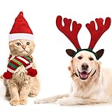 BELLE VOUS Weihnachtskostüme für Hunde & Katzen (3-er Pack) - Rentier Geweih Stirnband, Nikolaus Mütze, Schal Gestreift – Weihnachtskostüm Verkleidung Set Tiere für Hund, Katze, Welpe,