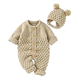 U-Sinmule Baby Jungen Mädchen Strick Strampler Säugling Warme Pullover Outfit Set Netter Overall + Hut Bär Schneeanzug Body Onesies, Khaki, 12-18 M