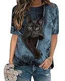 Onsoyours Damen Langarmshirt Süße Katze Tier Drucken 3D Druck Katzen-Muster Gestreift Rundhals Lange Pulli Herbst Kapuzenpullover Tshirt Herbst Shirts Hemd Rundhals Pullover 02 Blau XL