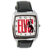 taport® Elvis Presley Musik Armbanduhr Legend quadratisch QUARZ schwarz Echt Leder Band E2 Zifferblatt + Gratis Ersatz Batterie + Gratis Geschenkverpackung