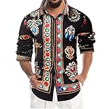 Nuzai Hemd Herren Vintage Schick Drucken Langarmshirt Herren Kent Kragen Hawaii Ethnischer Stil Sandstrand Hemd Herren Slim Fit Mode Lassig Klassische Hemd H