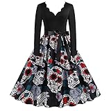 Halloween Totenkopf Druck Kleider Damen A-Linie Knielang Kleid V Ausschnitt mit Gürtel Vintage Retro Cocktailkleid Rockabilly Swing Weihnachten Karneval Drucken Abend Prom Kostü