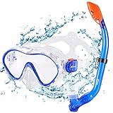 KUYOU Premium Kinder Schnorchelset Taucherbrille mit Schnorchel Tauchset gehärtete Anti-Beschlag Gläser Taucherbrille wasserdichte Tauchmaske und trockenem Schnorchel Set (Blau)