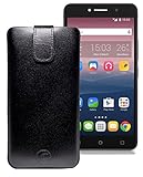 Favory Tasche Leder Etui für Alcatel One Touch Pixi 4 (8050D) Dual-SIM (6 Zoll) | ECHT Ledertasche Hülle Schutzhülle (Lasche mit Rückzugfunktion) schw