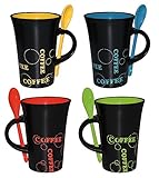 Haus und Deko Keramik Kaffeebecher & Löffel im 4er Set XL Kaffeetassen schwarz bunt Tasse B