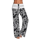 Riou Weite Hose Damen Sommer Lang Yogahosen Straight mit Tunnelzug Katze Drucken Schlabberhose Freizeithose Jogginghose Sp