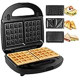 Gotoll Sandwichmaker 3 in 1, Waffeleisen Sandwichtoaster, Grill wechselplatten, Sandwich Maker, Antihaftbeschichtete abnehmbare Platten, 750 W, Betriebsampel, Schw