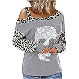 Wave166 Bluse Damen Halloween Shirts Schulterfrei Tops Patchwork-Top mit Leopardenmuster Totenkopf-Muster Pailletten-Oberteile Streetwear Lang