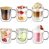 ecooe Doppelwandige Latte Macchiato Gläser Set Borosilikatglas Kaffeetassen Glas 6er Set 350ml Kaffeeglas Teegläser mit Henkel für Cappuccino,Latte Macchiato,Tee,EIS,Milch,B
