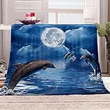 Delfin Kuscheldecke Fleecedecke 3D Nachtszene Heller Mond auf dem Meer Wohndecke 150x200cm Flauschige Weich Microfaser Sofadecke Überwurf Decken für Couch Sofa B