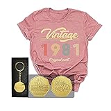 T-Shirt zum 40. Geburtstag, mit Schlüsselanhänger, 80er-Jahre-Kleidung für Damen, Vintage 1981, Originalteile, lustiges T-Shirt, Heather Mauve, Groß