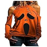 VICIKON Halloween Kostüm Damen,Kalte Schulter Oberteil Damen,Lustige Kürbis Muster Drucken T-Shirt,Teenage Mädchen Aushöhlen Hemd Blusen Tops,Damen Einfarbig Casual Printed Lang