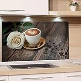 GRAZDesign Fliesenspiegel Kaffee mit Rose - Glasrückwand Küche Holzoptik - Küchenrückwand Glas braun / 60x60