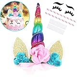 OWILL Tortenaufsatz mit Wimpern, Einhorn, Party-Dekoration, Supplies für Geburtstag, Party, Hochzeit, Babyparty, 14,5 cm Green Flower Multicolour H