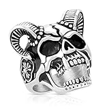 Herren Ring Edelstahl Massiv Breit Herrenring Männer Biker Rocker Dämonen Schädel Widderhörner Kreuz Siegelring Silber Größe 70 (22.3)