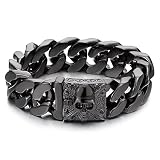 COOLSTEELANDBEYOND Herren Großes Schwarz Edelstahl Panzerkette Armband mit Fleur de Lis und Schädel, Biker Gotik,