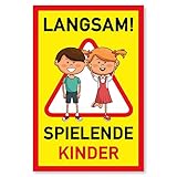Achtung Kinder Schild (20x30 cm Kunststoff) - Warnschild spielende Kinder - Vorsicht Hier Spielen Kinder - Bitte langsam Fahren - 511653