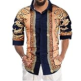 Strandshirt Herren Herbst Winter Jugend Ethnischer Stil Vintage Druck Männer Shirt Urban Slim Fit Revers Strickjacke Casual Urlaub Wicking Breathable Herren Langarm S