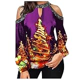 Hekbaep Damen Sexy Lässiges Schulterfreies Weihnachts Langarm Leuchtender Weihnachtsbaum Druck Hemdoberteil Neckholder Süßer Pullover Motiv Oberteile Herbst Winter Tunika Langarmshirts (Lila, XXL)