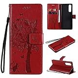 SATURCASE Schutzhülle für Sony Xperia 5 II 2020, Katzenbaum-Prägung, PU-Leder, Flip-Magnet, Brieftasche, Standfunktion, Kartenfächer, Schutzhülle mit Handschlaufe für Sony Xperia 5 II 2020 (Rot)