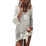 ZKOOO Damen V-Kragen Strand Bikini Badeanzug Bluse Cover-up Strandkleid Beachwear Bandage Hohl Lose Bademode Cover Up Häkelkleid Strandponcho Beig