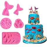 5 Stücke Meerjungfrau Themen Silikon Fondant Formen für Kuchen Cupcake Dekorationen, Meerjungfrau Schwanz, Muschel, Seepferdchen, Algen Süßigkeiten Schokolade Back