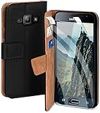 moex Handyhülle für Samsung Galaxy J1 (2016) - Hülle mit Kartenfach, Geldfach und Ständer, Klapphülle, PU Leder Book Case und Schutzfolie - Schw