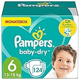 Pampers Windeln Größe 6 (13-18kg) Baby Dry, 124 Stück, MONATSBOX, Bis Zu 12 Stunden R
