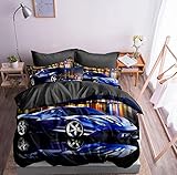 3D Bettwäsche Blauer Sportwagen Bettbezug 135x200 + 80x80 cm Auto Doppelseitige Blau Schwarz Grau mit V