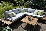bomey Aluminium Lounge Set I Gartenmöbel Set Orlando 2-Teilig I Edelstahlbeschichtete Essgarnitur I Sitzgruppe im Teak Holzdekor + Tisch + Polster I Dining Lounge für Terrasse + Wintergarten I Beig