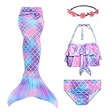 RIKILIO 4 Stück Mädchen Meerjungfrauenschwanz zum Schwimmen 130cm Meerjungfrau Badeanzug mit blumenkranz haare, Cosplay Kostüm für Kinder Meerjungfrauenflosse Mädchen Bademode ohne M