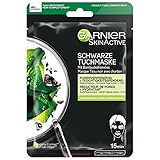 Garnier Schwarze Tuchmaske, Gesichtsmaske zum Minimieren von Poren, Feuchtigkeitsspendend und Poren verfeinernd, Mit Hyaluronsäure, Schwarze Alge-Extrakt und LHA, Hydra Bomb, 28 g