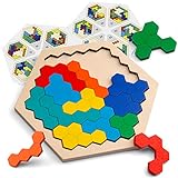 Coogam Hölzernes Sechseck-Puzzle - Form Block Tangram Denkaufgabe Spielzeug Geometrie Logik IQ Spiel STEM Montessori Pädagogisches Geschenk für alle Altersgruppen Herausforderung