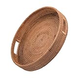 Cabilock Serviertablett Rattan mit Griff Handgefertigter Rattan Tray Runde 30X5CM dekoratives Tablett für Kaffee Tee Obst Getränke Frühstück Snack